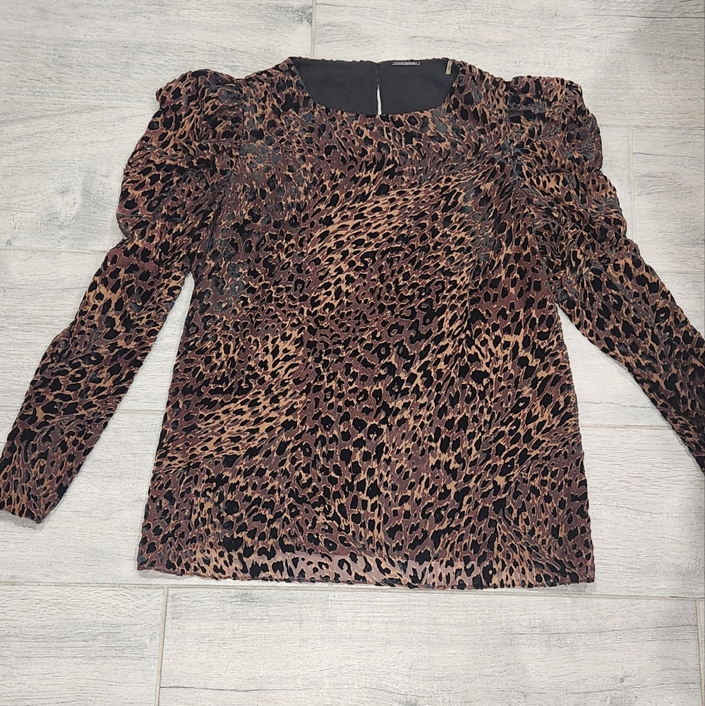 ELIE TAHARI Noelle Top Leopard Print Velvet Burnout Puff Sleeve Blouse Brown - Picture 2 of 7